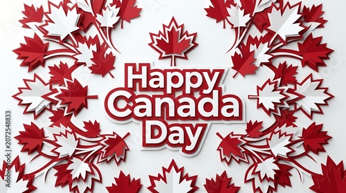 Happy Canada Day celebration with red maple leaf decorations