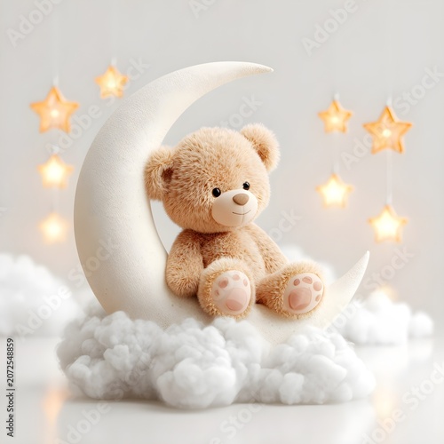 Cute teddy bear sitting on fluffy clouds under a crescent moon with stars