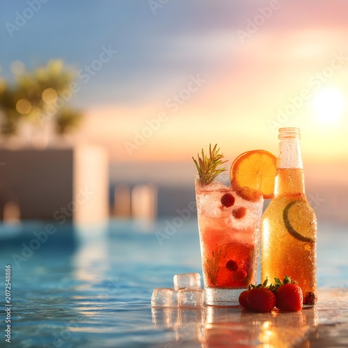 Refreshing cocktail with orange slice in swimming pool at sunset