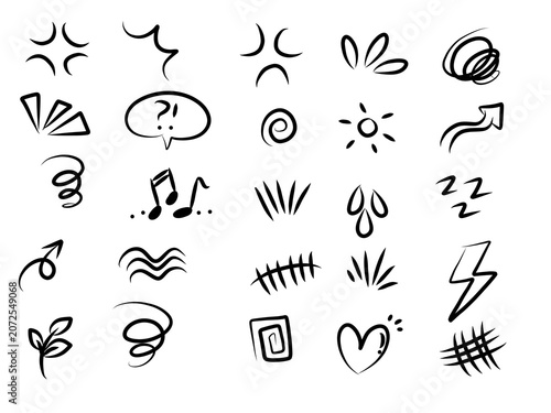 hand drawn doodle elements collection featuring arrows, hearts, stars, flowers, swirls, speech bubbles, sparkles, decorative lines, exclamation marks, percentages, lightning bolts, and sketch symbols.