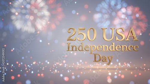 USA Independence Day celebration with metallic gold typography and fireworks