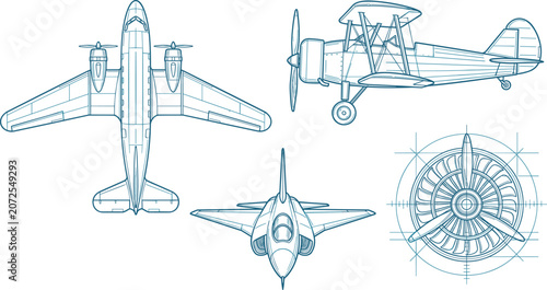 Vintage and Modern Airplane Blueprint Vector Illustration Featuring Biplane, Jet Fighter, Propeller Engine, and Technical Aircraft Engineering Schematics