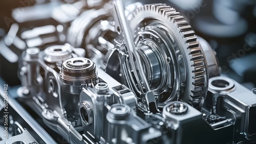 Close up view of automotive transmission gears and precision internal combustion engine mechanical components