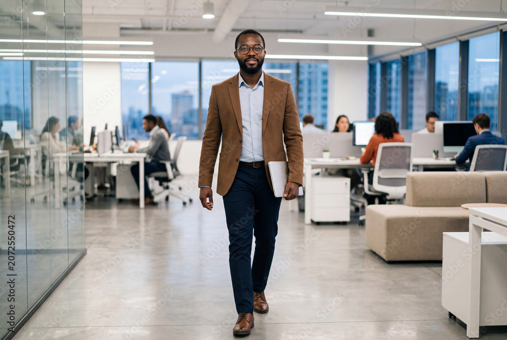 Fototapeta premium Confident african american businessman walking in modern open office