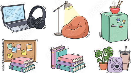Cozy Student Dorm Room and Study Space Doodle Vector Set with Laptop Headphones Beanbag Books Mini Fridge and Polaroid Camera Icons for Teen Lifestyle Designs