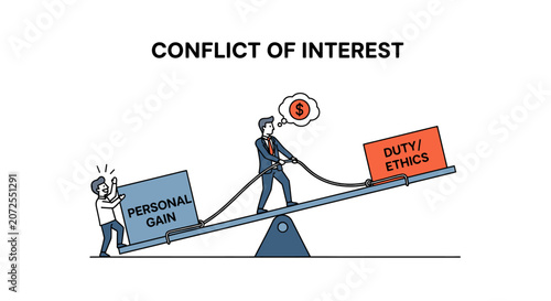 Obraz na plátně Vector illustration of a business conflict of interest, showing a person on a seesaw balancing between personal gain and professional duty/ethics
