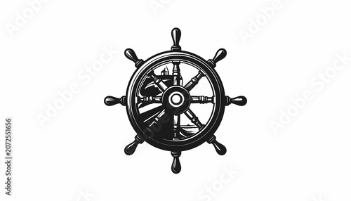Vintage ship helm wheel closeup.
