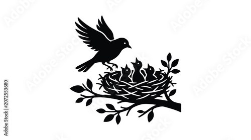 Black bird silhouette feeding chicks in nest, mother bird with baby birds on tree branch vector, family nature illustration