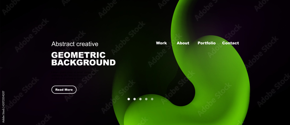 Obraz premium Dark background features vibrant green abstract shapes, text elements, navigation options. Modern design promotes creativity, information access.
