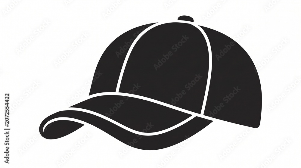 Fototapeta premium Black baseball cap icon, minimalist headwear silhouette, classic sports hat graphic, simple apparel accessory symbol for branding and design