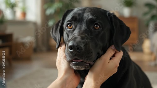 Gentle hands cradling the face of a loyal black labrador retriever dog at home