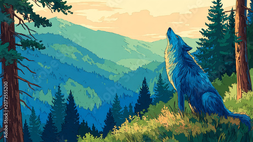 Blue wolf howling at dawn in mountain forest landscape illustration with mountain range
