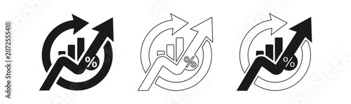 Three black and white percentage increase icons with arrows