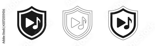 Music security shield icon set play button and musical note in protective emblem designs