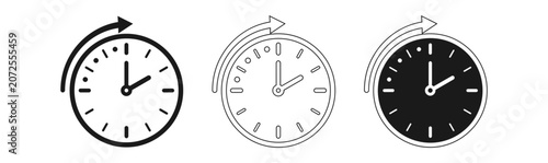 Foto Time regression icon set clock faces with circular arrows in line art and solid