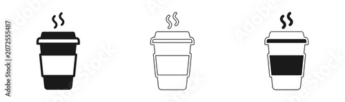 Three variations of steaming hot beverage takeaway cups including solid black and line art styles isolated on white