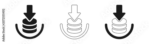 Three variations of a downward pointing arrow with layered crescent shapes solid outline and filled styles