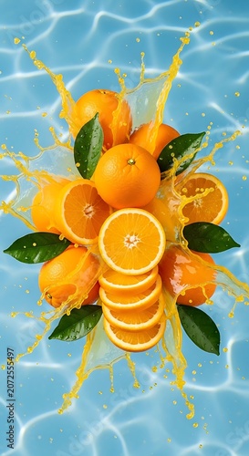Oranges Sliced with Juice Splashes on Water Surface