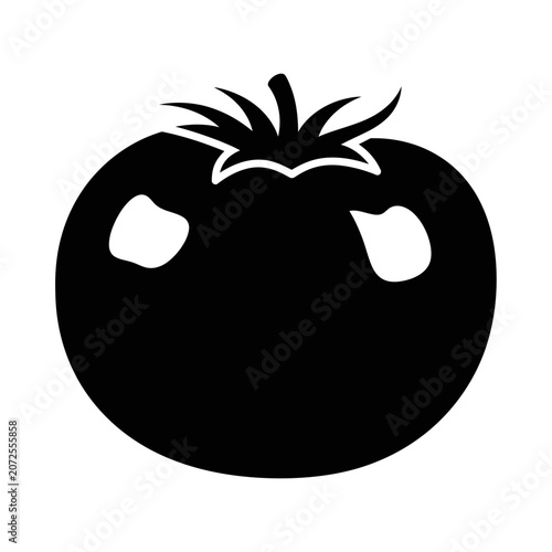 Minimalist black and white silhouette of a ripe tomato highlighting its simple yet iconic shape and features