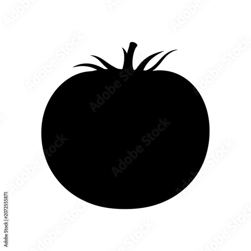Minimalist silhouette of a ripe tomato with leafy stem in monochrome style emphasizing simplicity and natural fresh produce