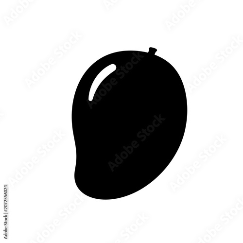 Simple black silhouette of a mango fruit set against a white background emphasizing its shape and form