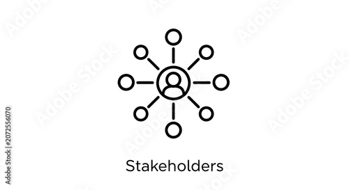 An outline icon representing a central person connected to multiple surrounding individuals in a network structure