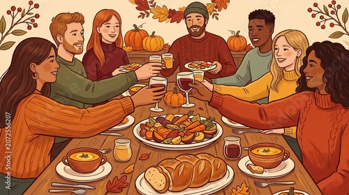 Modern Harvest Celebration, Festive Harvest Celebration with Friends Around Table