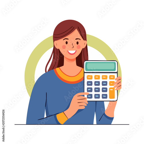 Woman holding calculator in flat vector style