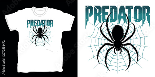 Schilderij op canvas Predator t shirt design featuring large black spider on web with sharp aggressive typography vector graphic for apparel printing art