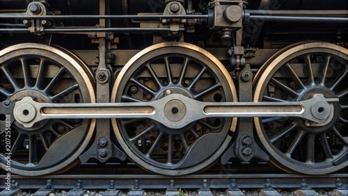 Close-up of vintage steam locomotive wheels and connecting rods in detail