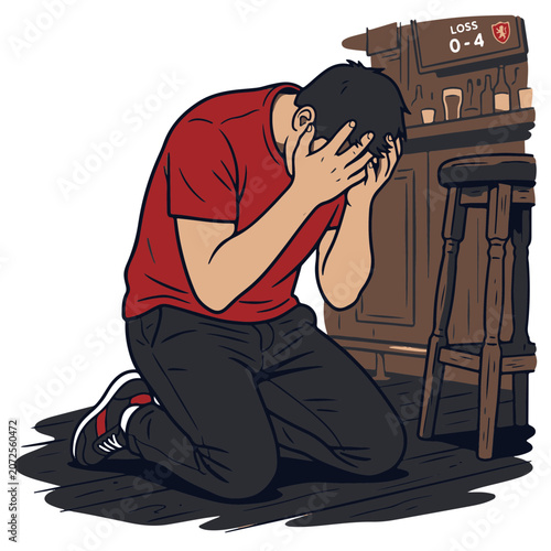 Schilderij op canvas Disappointed Sports Fan Kneeling in a Bar After a Crushing Team Loss