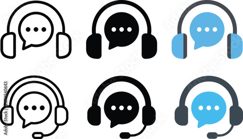 customer support icons with headphones and speech bubble, vector illustration