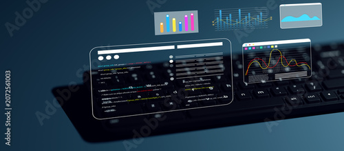 Business intelligence showing website development infrastructure and source code matrix processing on screen, smart information technology software system conceptual visual.