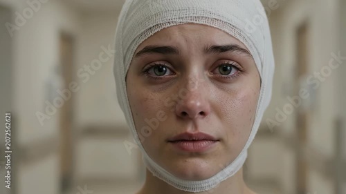 Sad young woman with full head bandage crying in hospital corridor