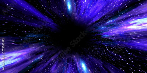 Fotografie A vibrant purple and blue nebula with streaks of light and distant stars pulls inward towards a central black void, suggesting the vastness of space and cosmic mystery