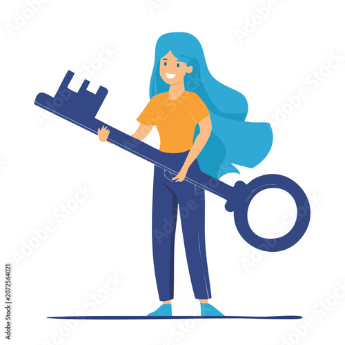 Woman holding giant key vector illustration