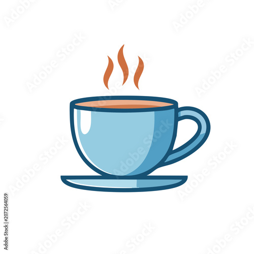 Blue coffee cup with steam on saucer