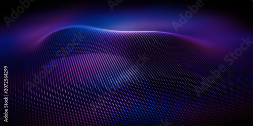 Tableau sur toile An abstract digital art piece featuring a flowing, undulating surface composed of intricate lines in deep blues and vibrant purples, evoking a sense of futuristic technology or cosmic energy