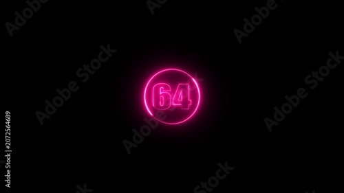 Glowing purple color neon effect number 64 on black background. Neon number 64 with alpha channel.
