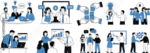 Business teamwork and creative office workflow flat linear vector illustration bundle . Professional business people working together project planning and strategic discussion icons
