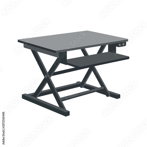 Modern standing desk converter, black adjustable sit-stand workstation, ergonomic height-adjustable tabletop riser for home office setup