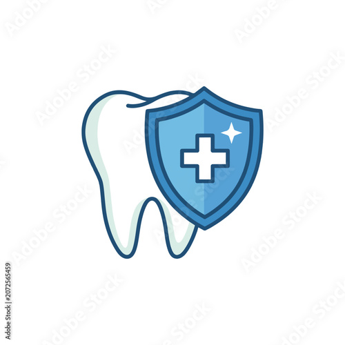 Dental protection icon with tooth and medical shield, blue stomatology health care vector, tooth insurance and oral hygiene concept illustration