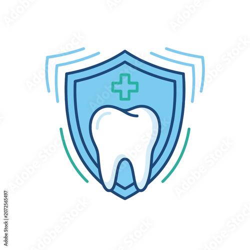 Dental protection shield icon with white tooth and medical cross, blue tooth health insurance vector, oral hygiene and cavity prevention symbol