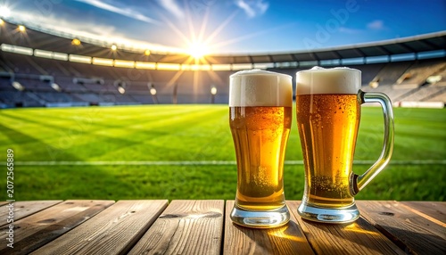 Two foamy beers sit on a wood table, overlooking a stadium's green field