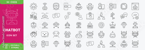 Chatbot icon set. Contain icons related to chatbot, support, virtual assistant, creative ai, communication, and more. editable stroke. Vector illustration