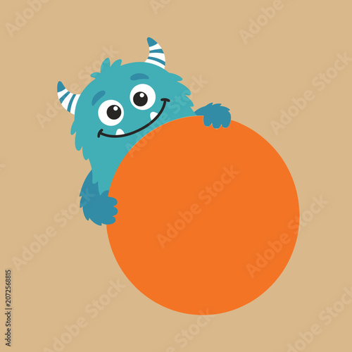 Cute monster peeking behind an orange circle