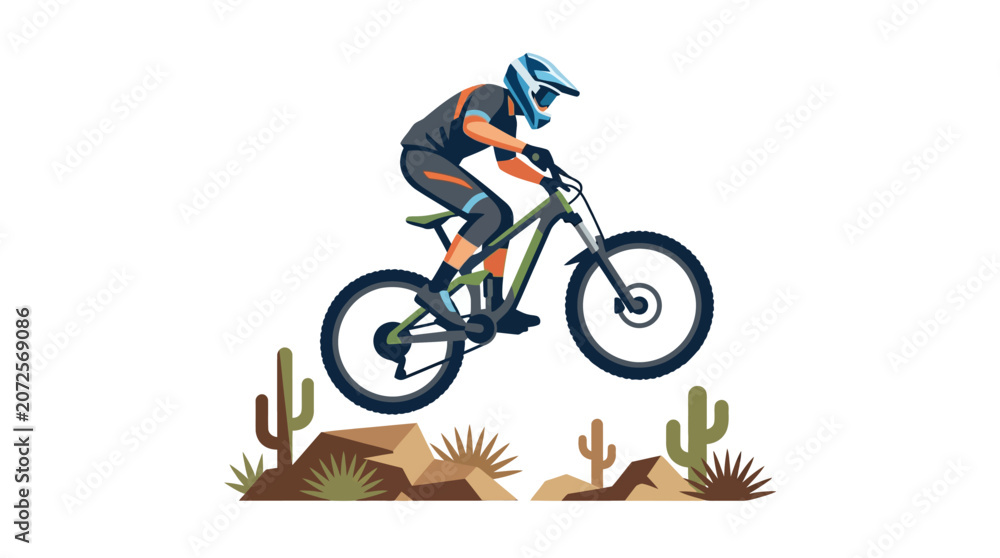 Fototapeta premium Extreme mountain biker jumping mid-air over desert rocky landscape flat design vector illustration.