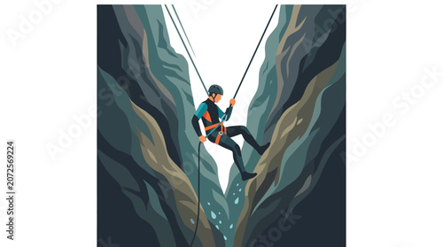 Adventurous canyoneer rappelling down narrow rocky canyon walls extreme sport flat vector illustration.