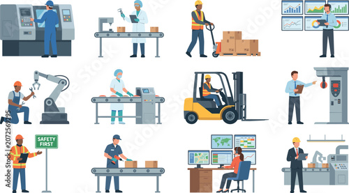 Smart factory workforce flat vector illustrations for industrial manufacturing company brochure corporate presentation training manual website ui.