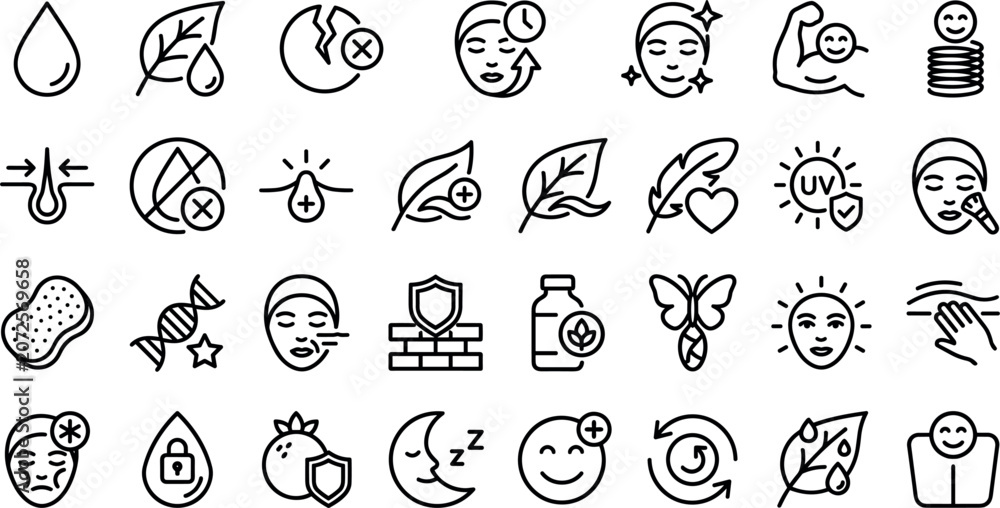 Fototapeta premium Skincare properties icon set line art vector icons for cosmetic product packaging design skin care benefit label uv protection anti aging collagen organic dermatology ui app.